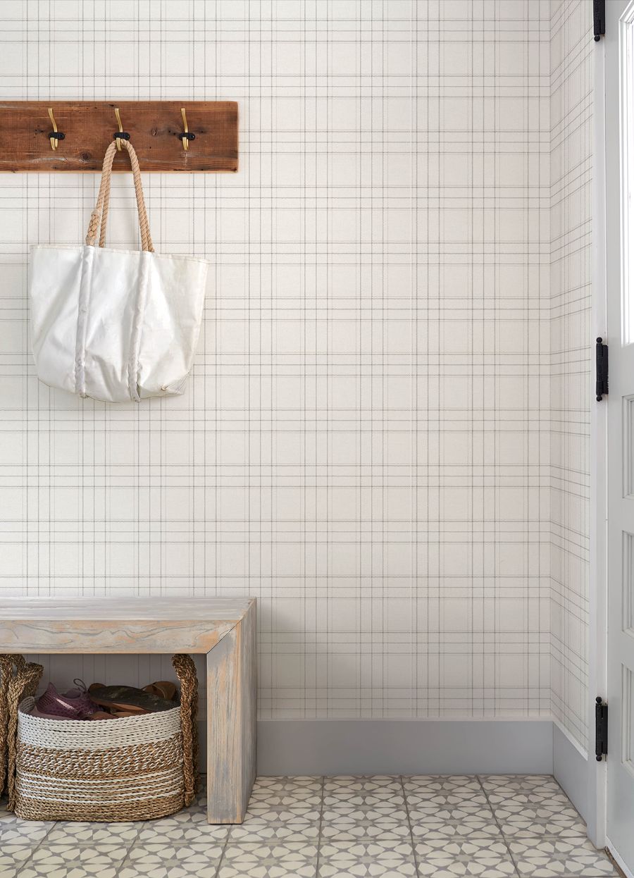 Purchase 4192-83455 Chesapeake Wallpaper, Fox Hollow Ivory Dashed Plaid - Plaid & Stripe1