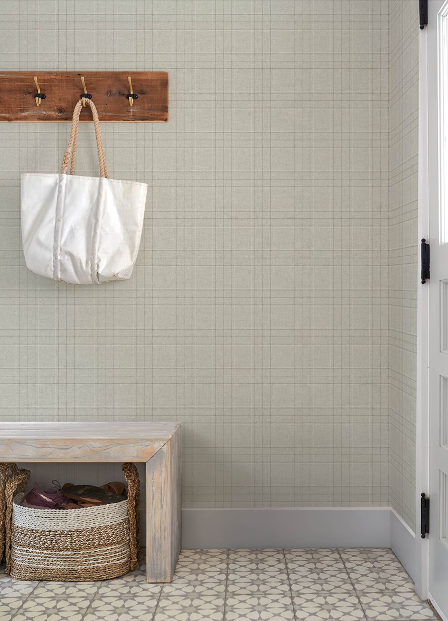 Purchase 4192-83456 Chesapeake Wallpaper, Fox Hollow Light Grey Dashed Plaid - Plaid & Stripe1