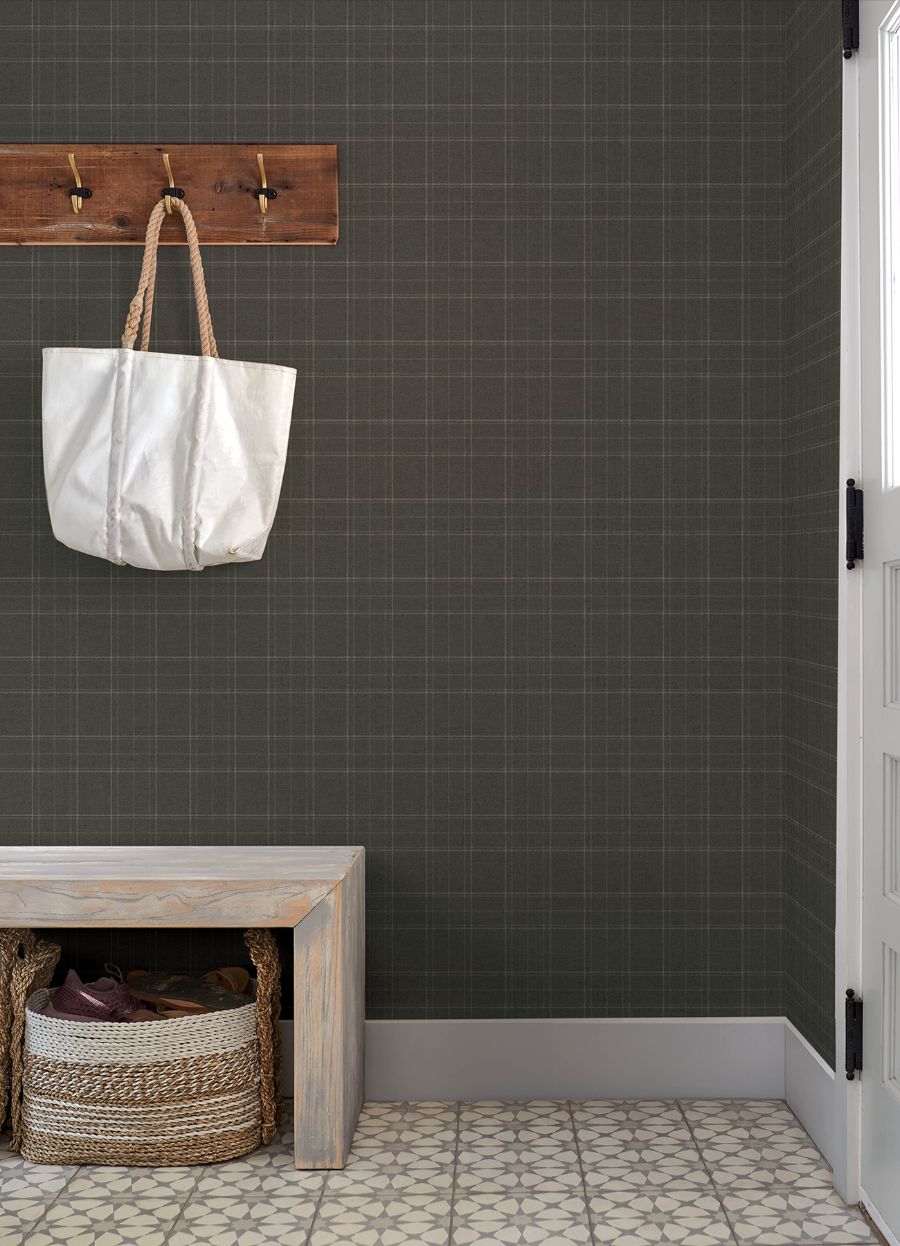 Purchase 4192-83457 Chesapeake Wallpaper, Fox Hollow Charcoal Dashed Plaid - Plaid & Stripe1