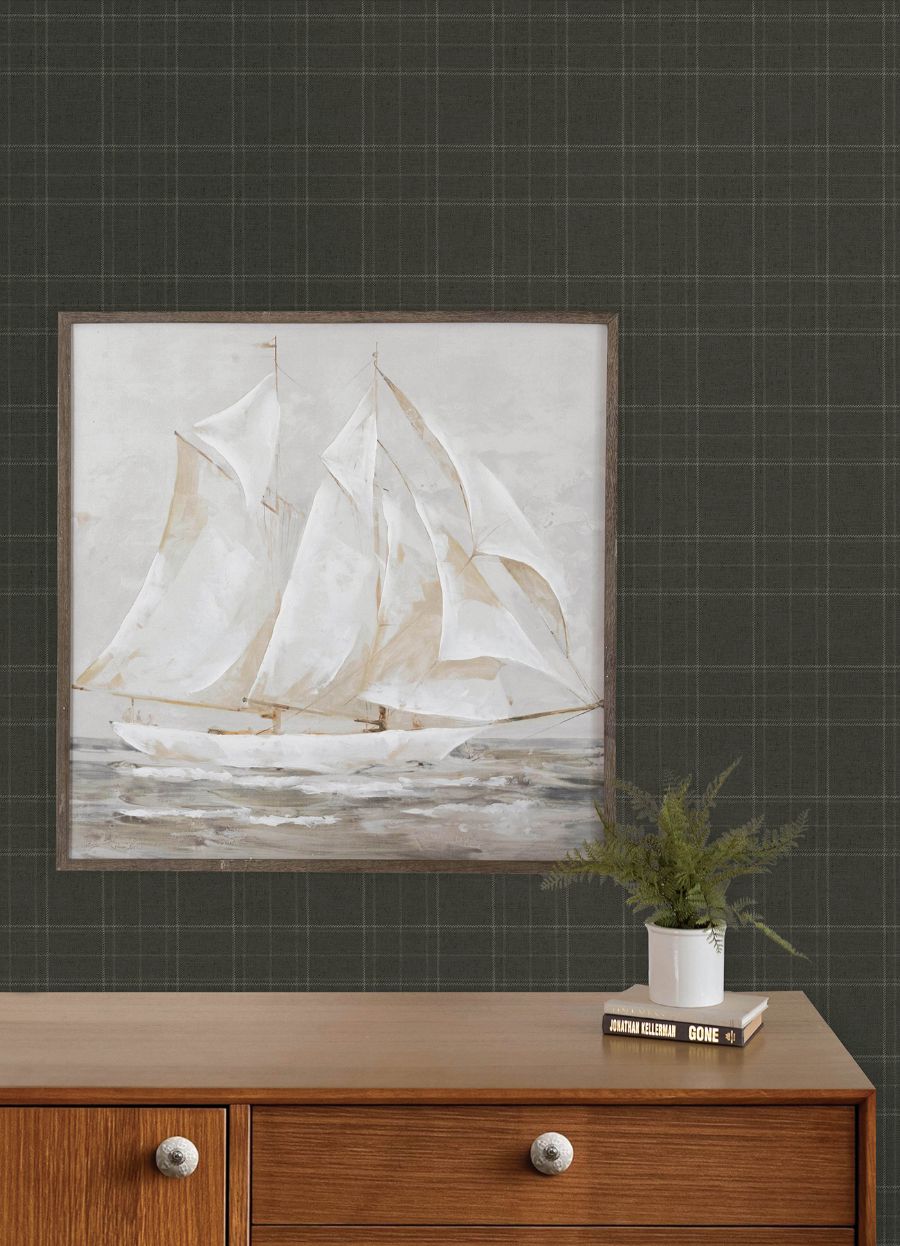 Purchase 4192-83457 Chesapeake Wallpaper, Fox Hollow Charcoal Dashed Plaid - Plaid & Stripe12