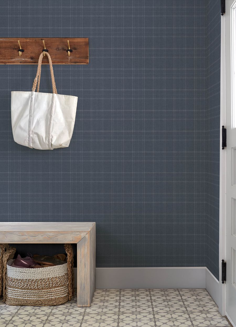 Purchase 4192-83458 Chesapeake Wallpaper, Fox Hollow Dark Blue Dashed Plaid - Plaid & Stripe1