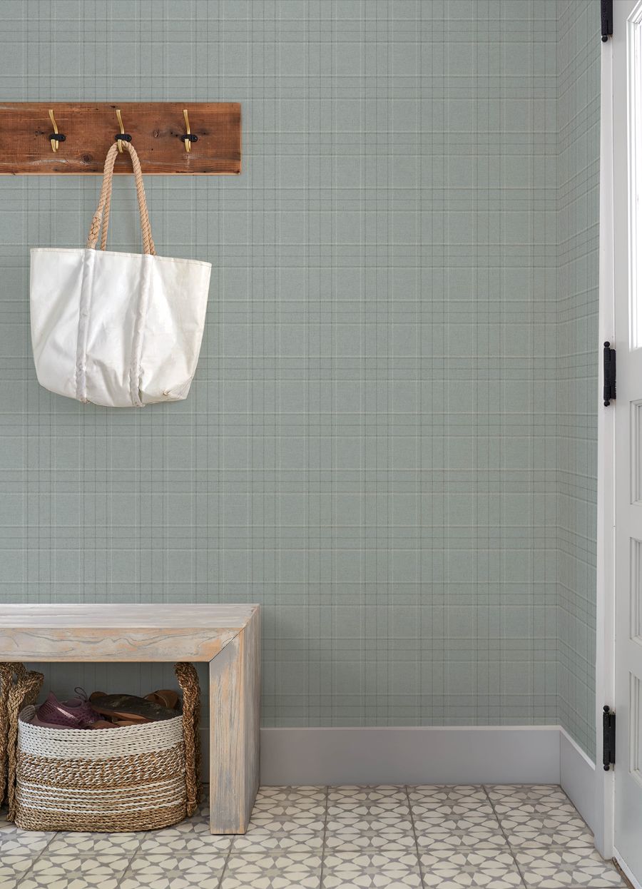 Purchase 4192-83459 Chesapeake Wallpaper, Fox Hollow Turquoise Dashed Plaid - Plaid & Stripe1