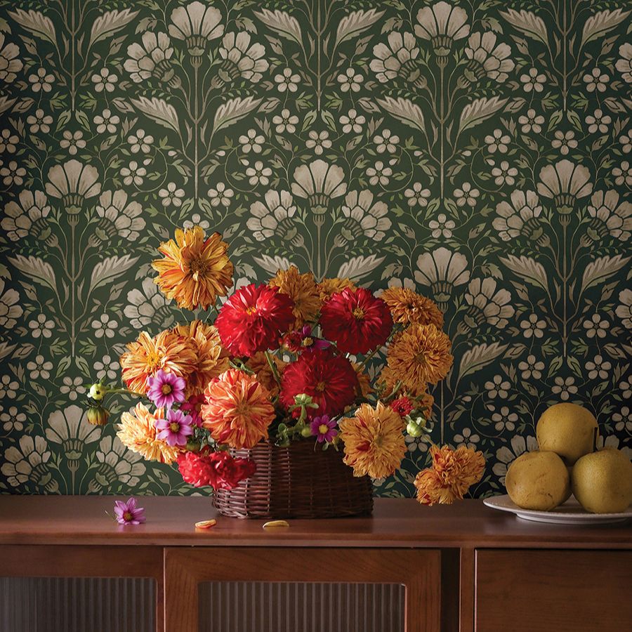 Purchase 4199-83701 Chesapeake Wallpaper, Edith Green Floral Damask - Modern Farmhouse1