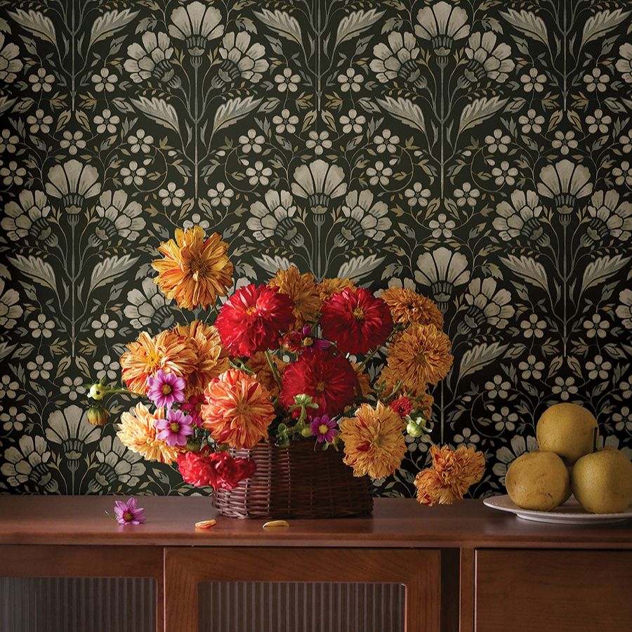 Purchase 4199-83703 Chesapeake Wallpaper, Edith Black Floral Damask - Modern Farmhouse1