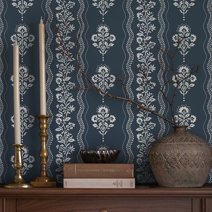 Purchase 4199-83721 Chesapeake Wallpaper, Lenea Navy Floral Stripe - Modern Farmhouse1