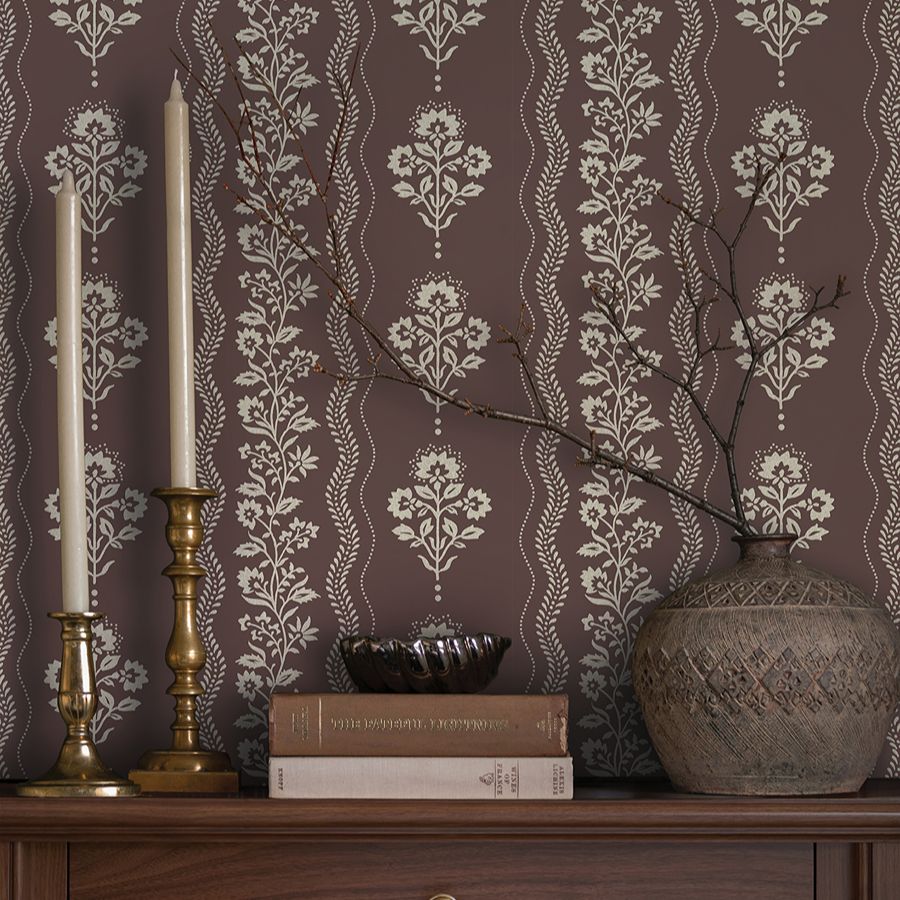 Purchase 4199-83723 Chesapeake Wallpaper, Lenea Burgundy Floral Stripe - Modern Farmhouse1