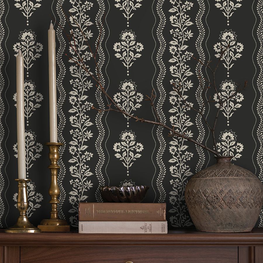 Purchase 4199-83724 Chesapeake Wallpaper, Lenea Black Floral Stripe - Modern Farmhouse1