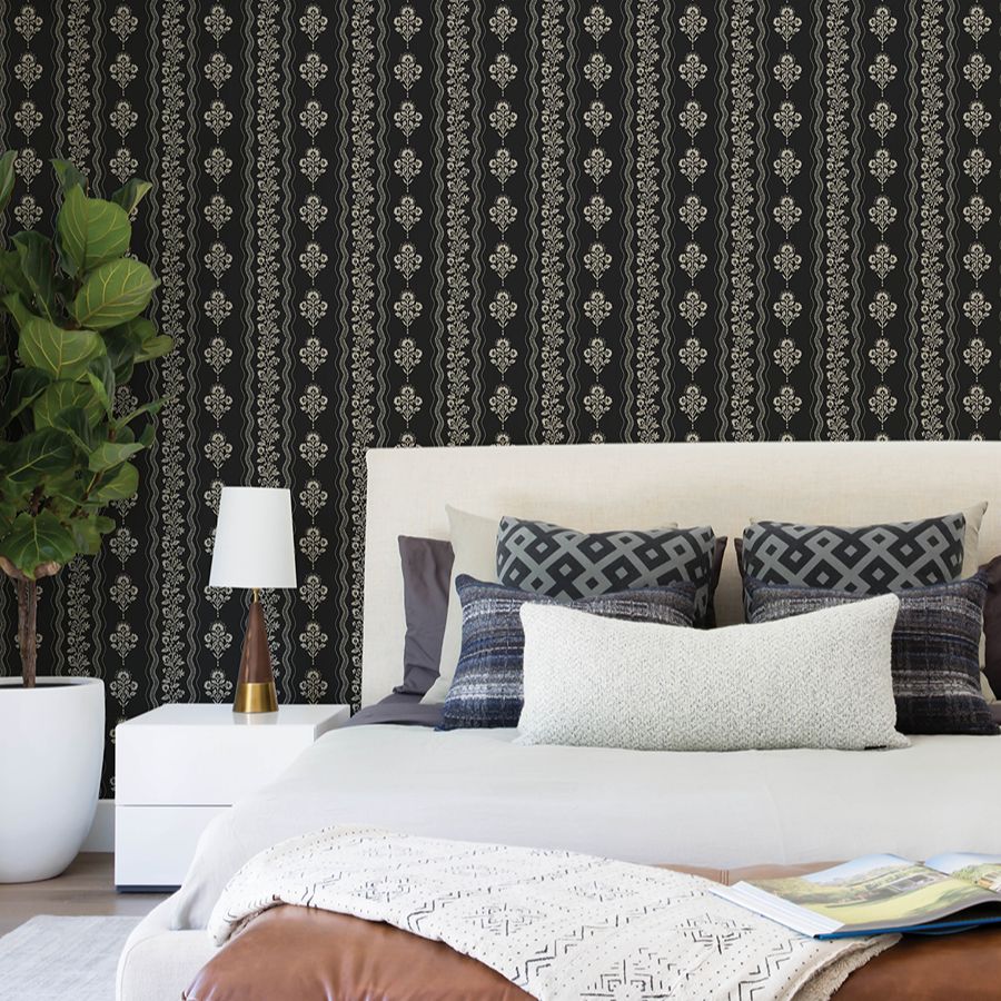 Purchase 4199-83724 Chesapeake Wallpaper, Lenea Black Floral Stripe - Modern Farmhouse12