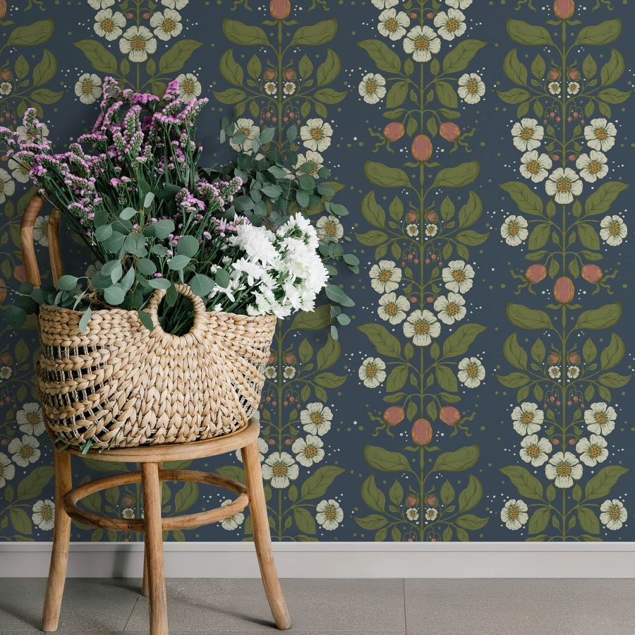 Purchase 4201-48013 A-Street Wallpaper, Rosa Navy Floral Columns - Savanna12