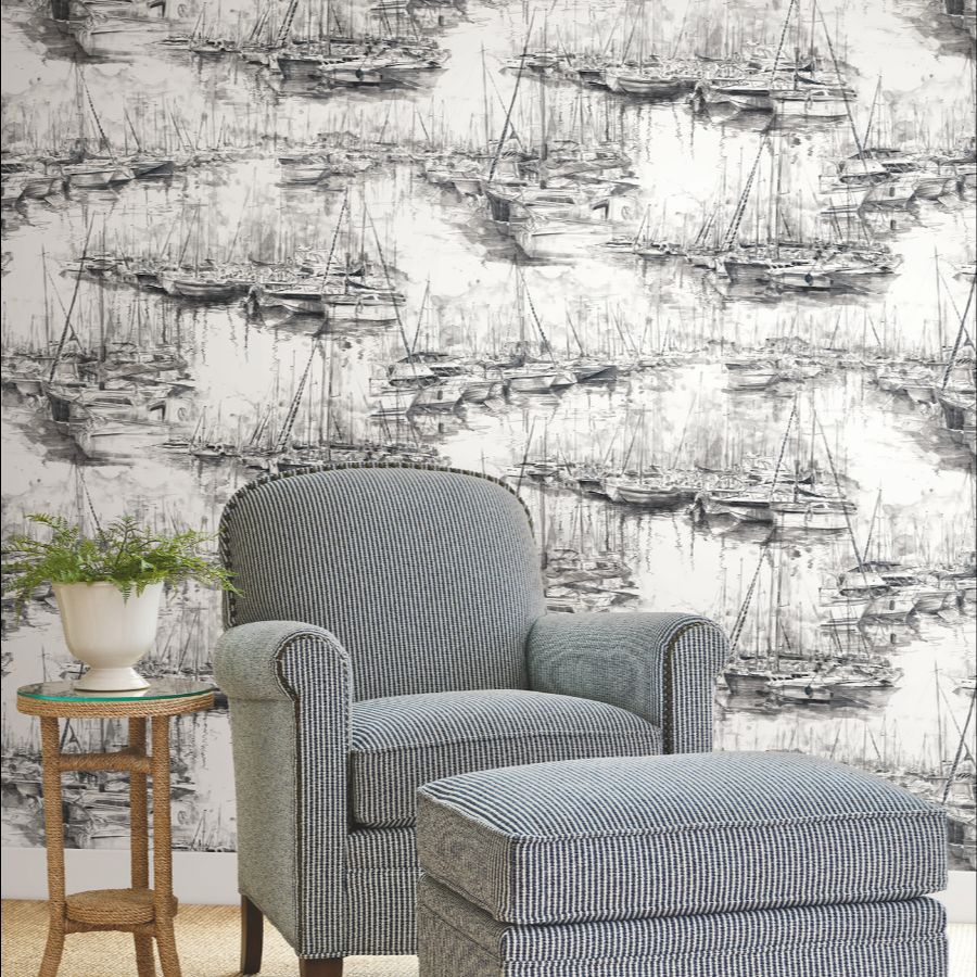 Purchase 4211-83513 | Private Reserve, Yacht Club Charcoal Scenic - Ronald Redding Wallpaper