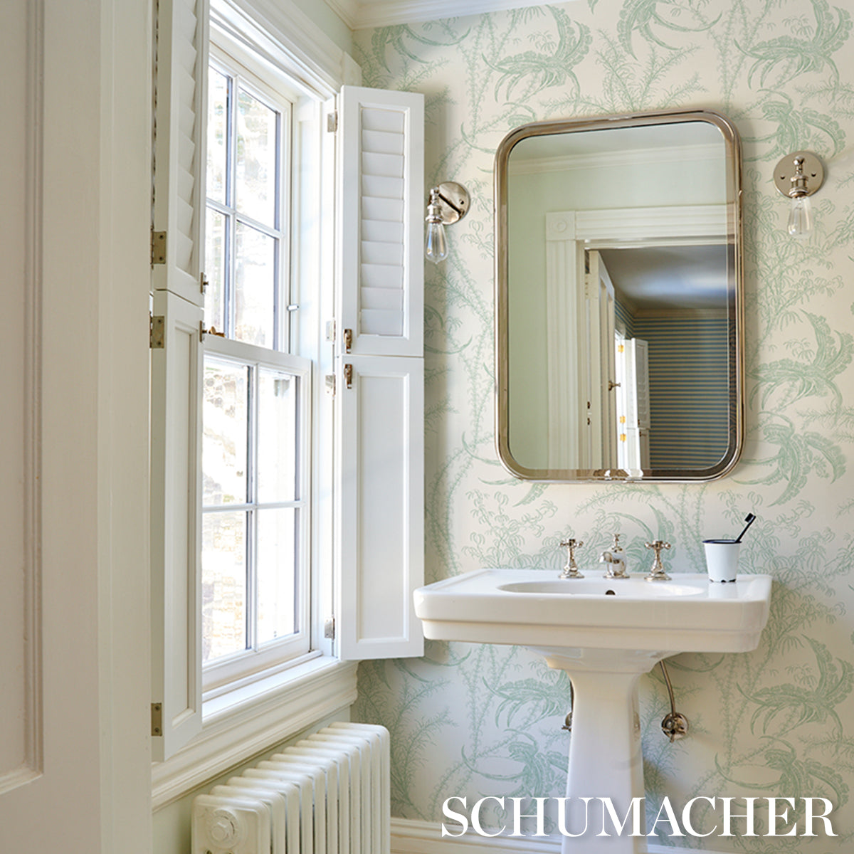 Purchase 5008721 | Ocean Toile, Eucalyptus On Linen - Schumacher Wallpaper