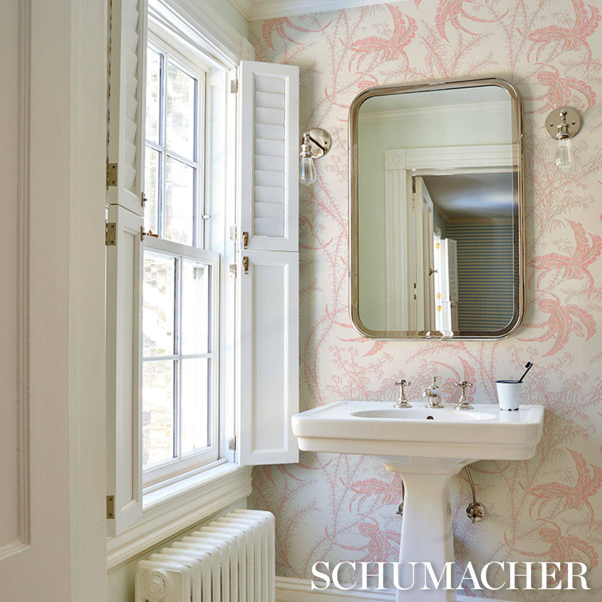 Purchase 5008723 | Ocean Toile, Coral - Schumacher Wallpaper