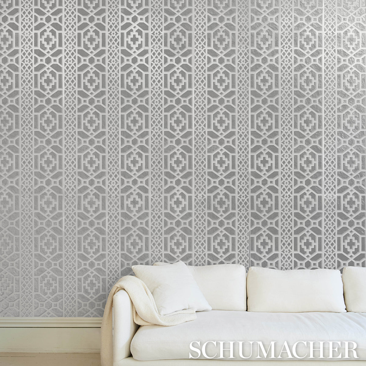 5013641 | Zanzibar Trellis Mylar, Silver Mylar - Schumacher Wallpaper