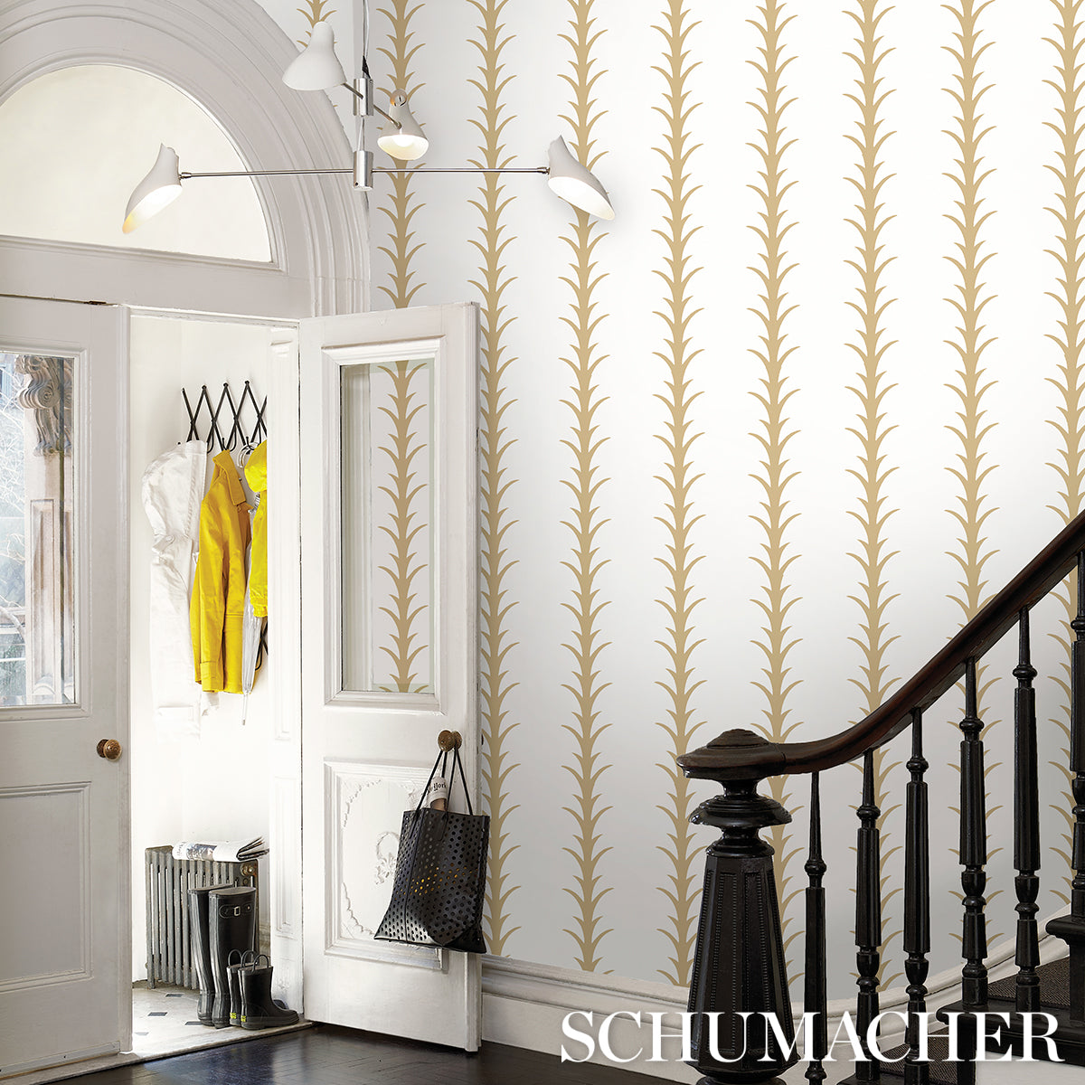 Purchase 5014772 | Acanthus Stripe, Gold On Ivory - Schumacher Wallpaper