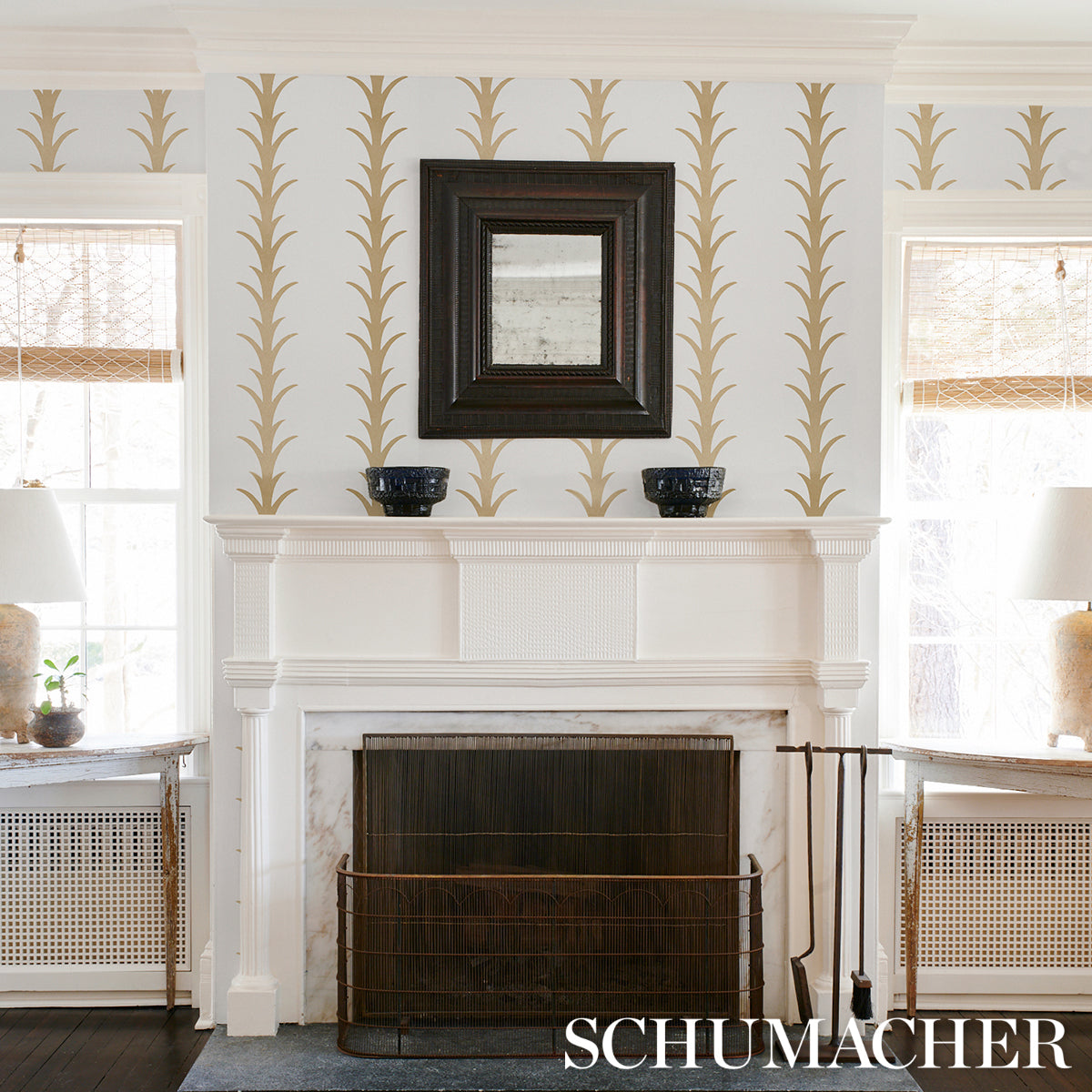 Purchase 5014772 | Acanthus Stripe, Gold On Ivory - Schumacher Wallpaper