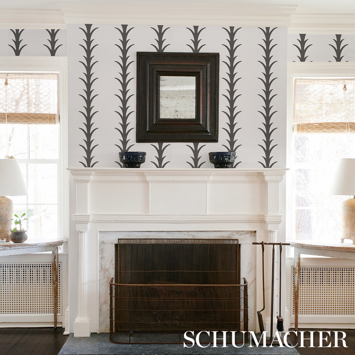 Purchase 5014773 | Acanthus Stripe, Carbon On Ivory - Schumacher Wallpaper