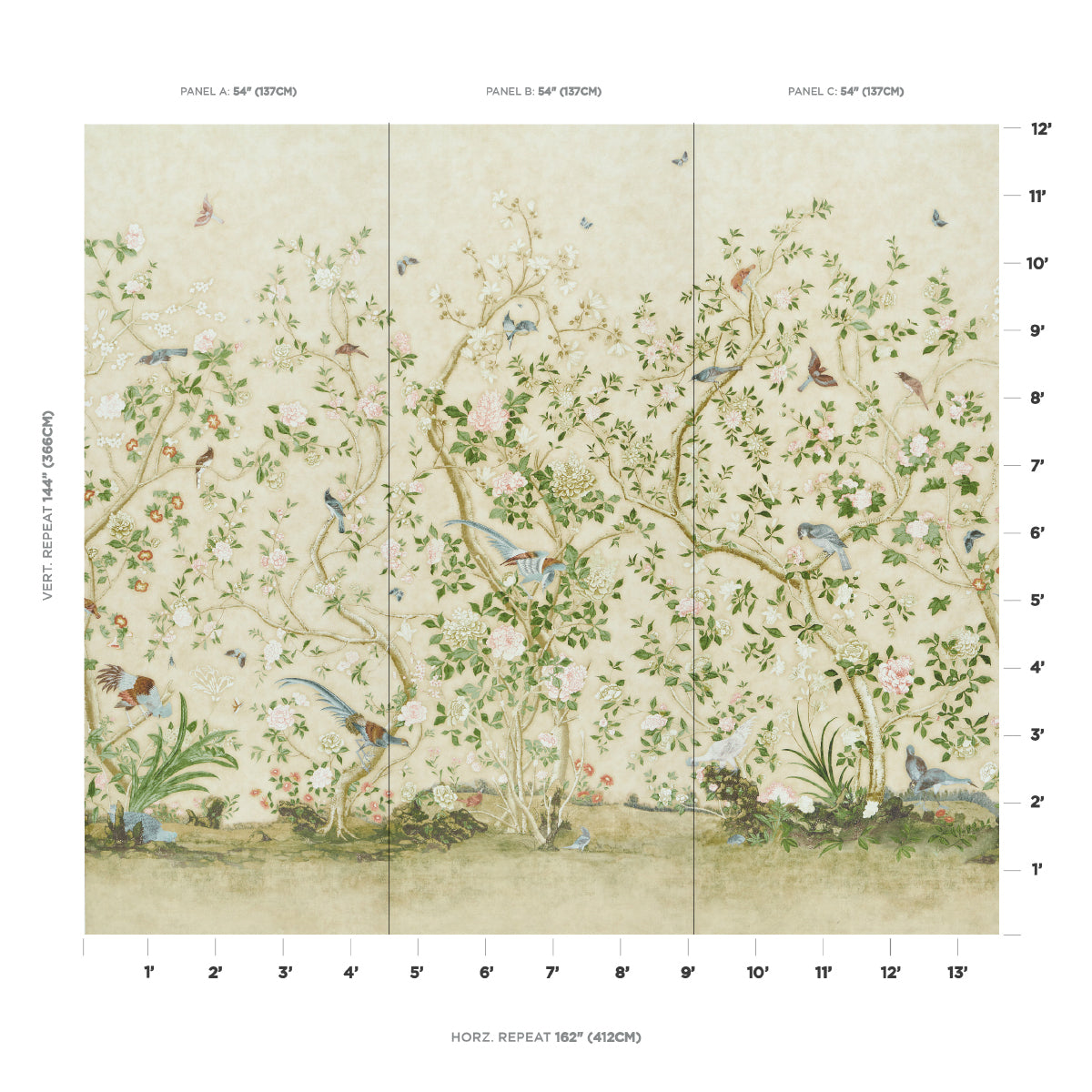 Purchase 5015155 | Les Oiseaux Panel Set, Parchment - Schumacher Wallpaper