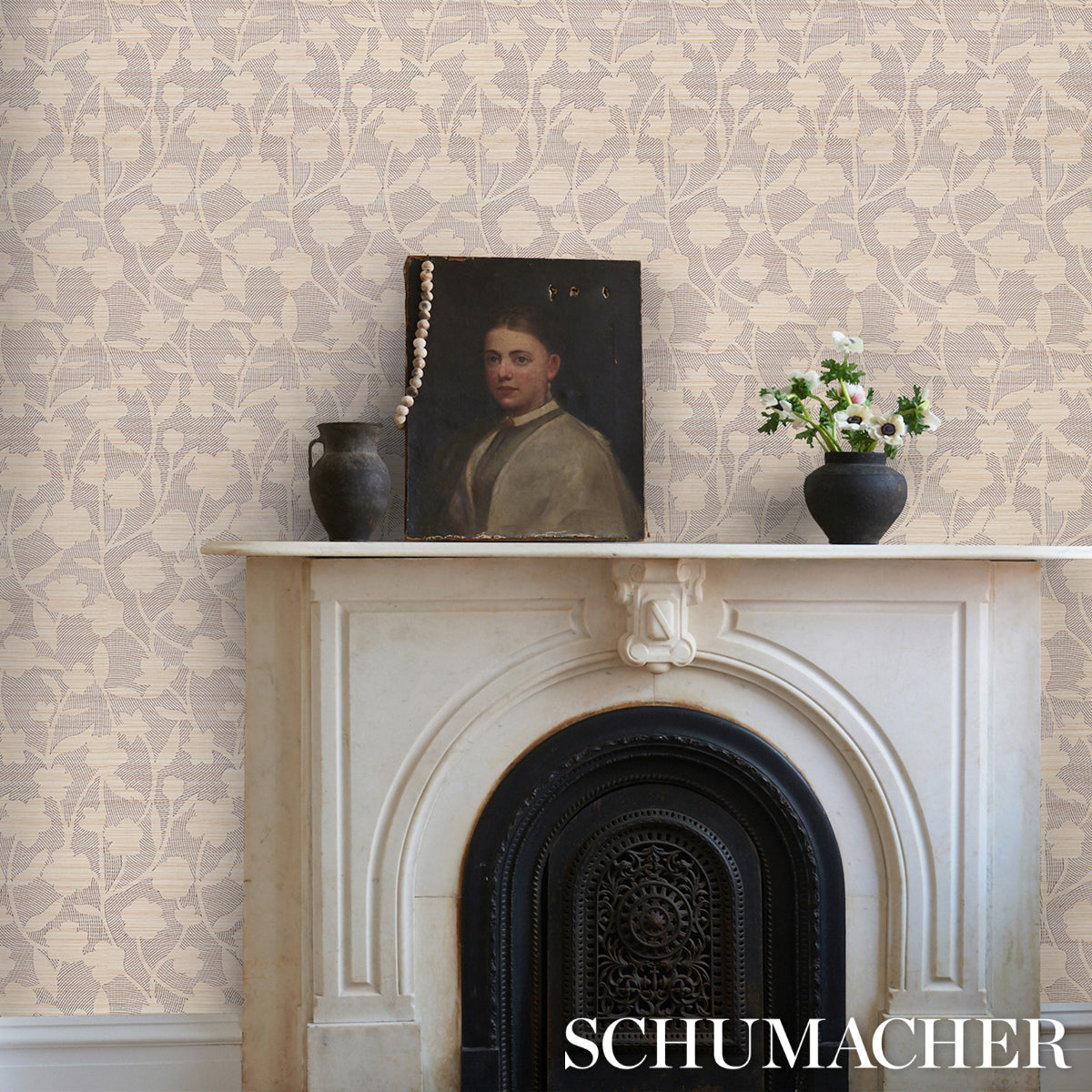 Purchase 5015180 | Kantha Embroidered Flower Sisal, Carbon - Schumacher Wallpaper