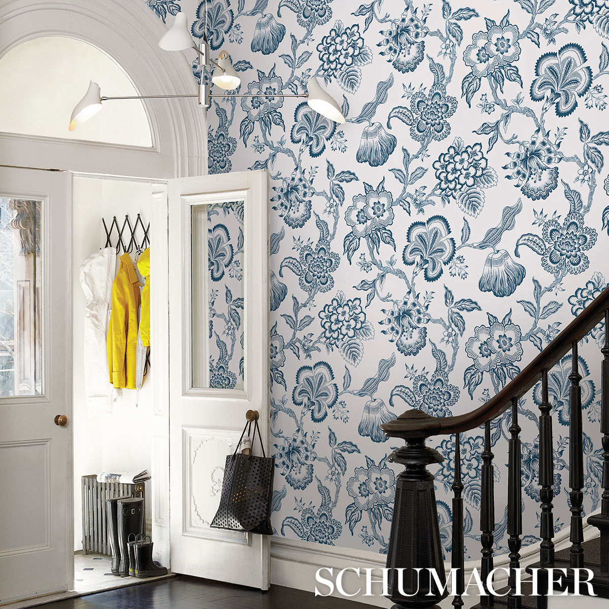 Purchase 5015324 | Hothouse Flowers Silhouette, Peacock On White - Schumacher Wallpaper