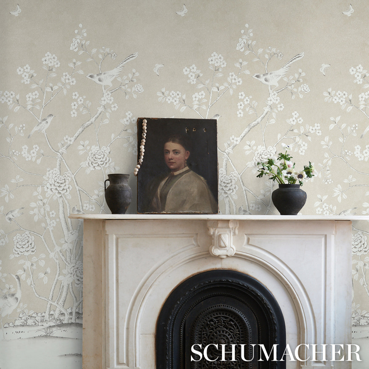 Purchase 5015440 | Chinois Palais Panel, Stone - Schumacher Wallpaper