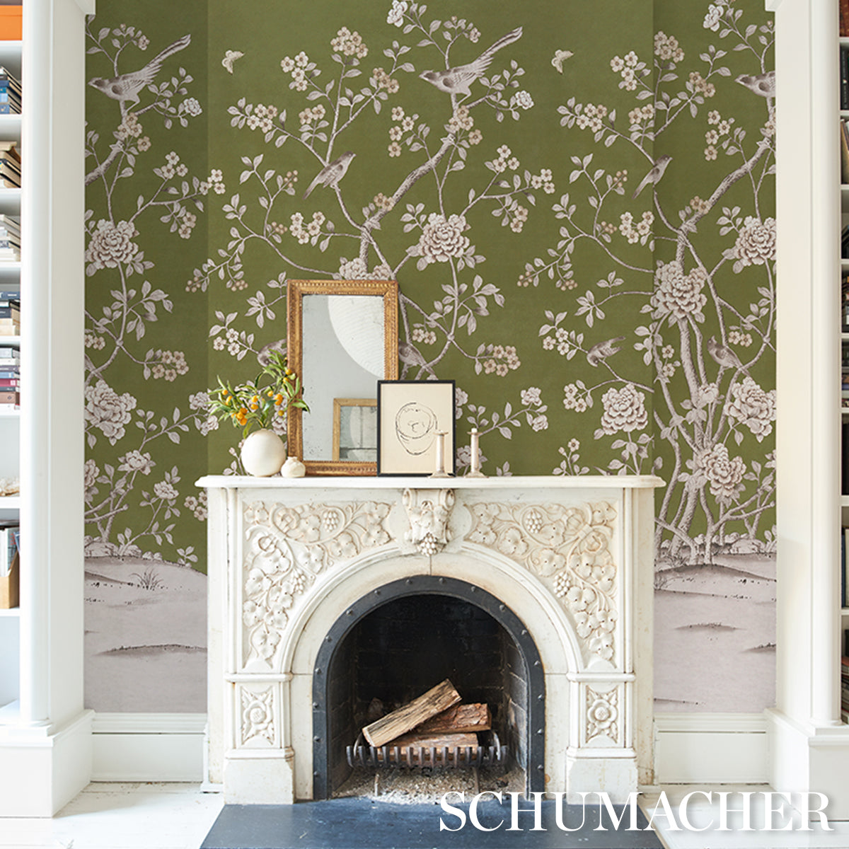 Purchase 5015442 | Chinois Palais Panel, Olive - Schumacher Wallpaper