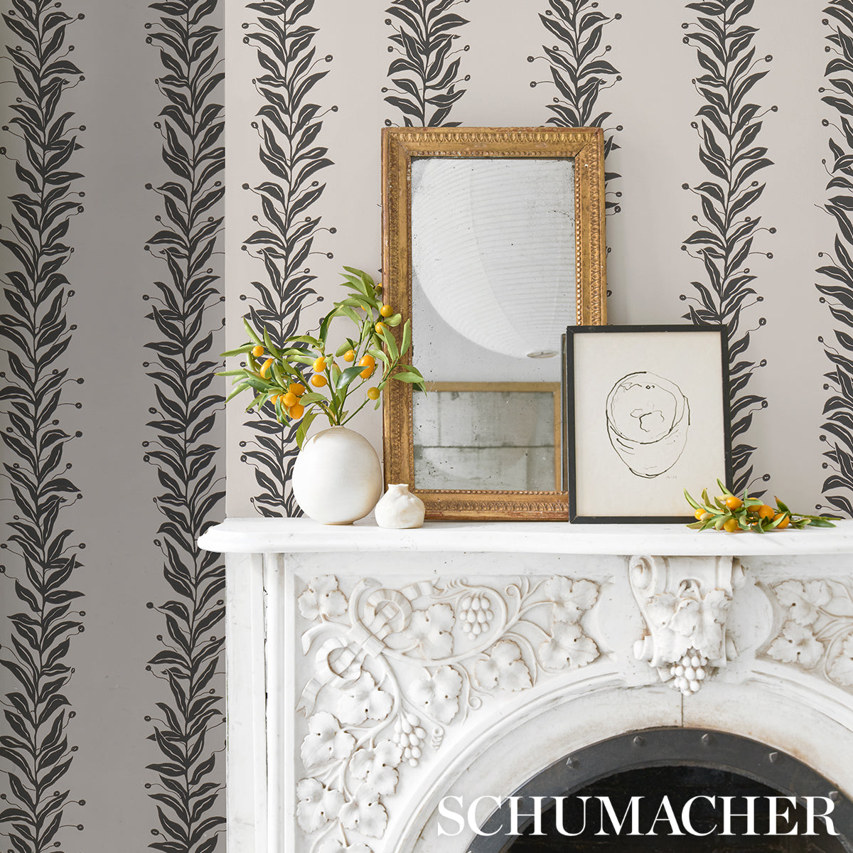 Purchase 5015490 | Tendril Stripe, Black & Cream - Schumacher Wallpaper