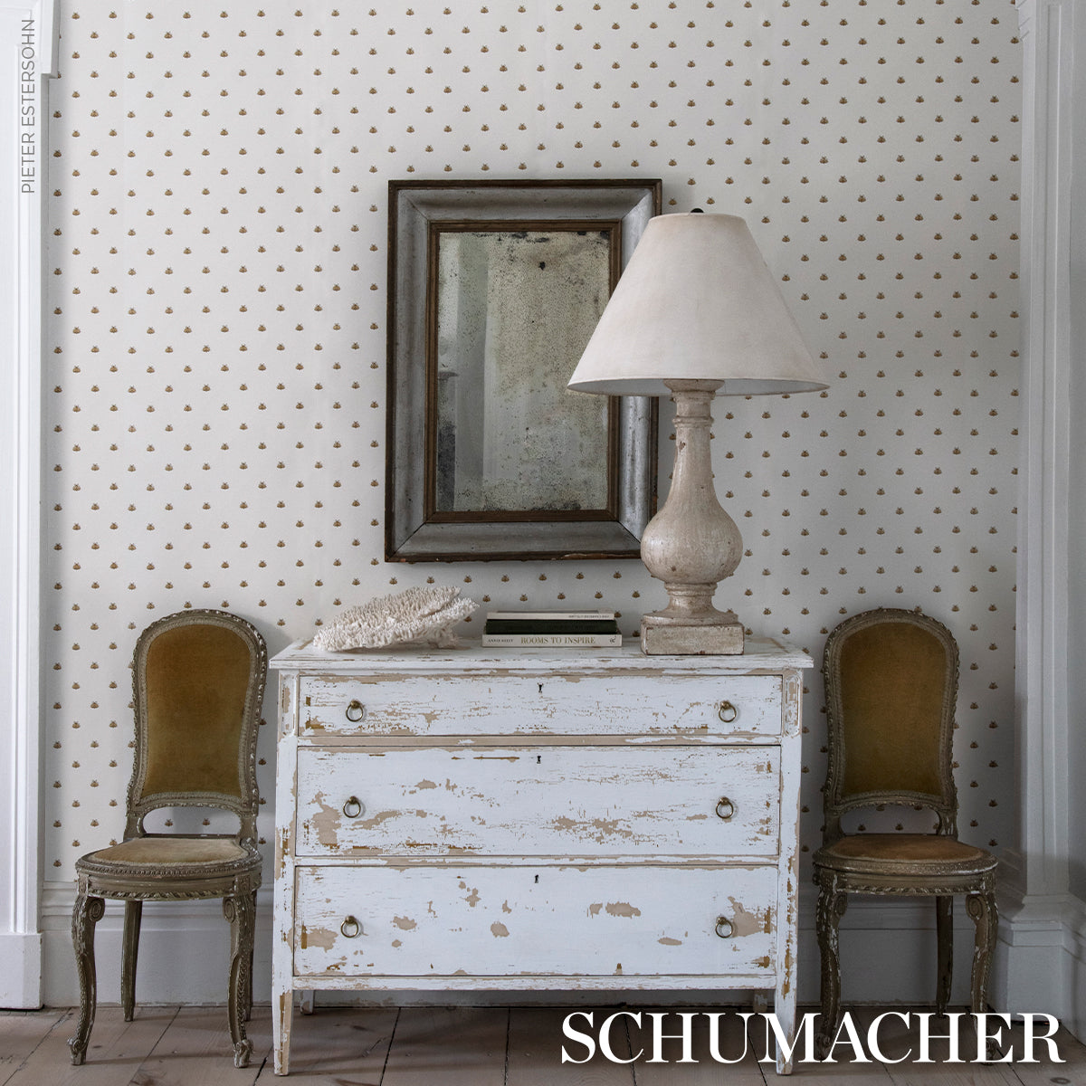 Purchase 5015530 | Hubert'S Bees, White & Gold - Schumacher Wallpaper