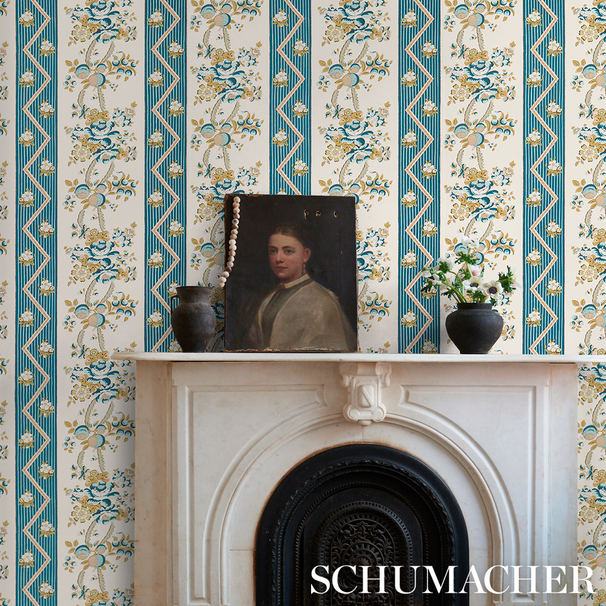 Purchase 5015540 | Sylvain Floral Stripe, Teal - Schumacher Wallpaper