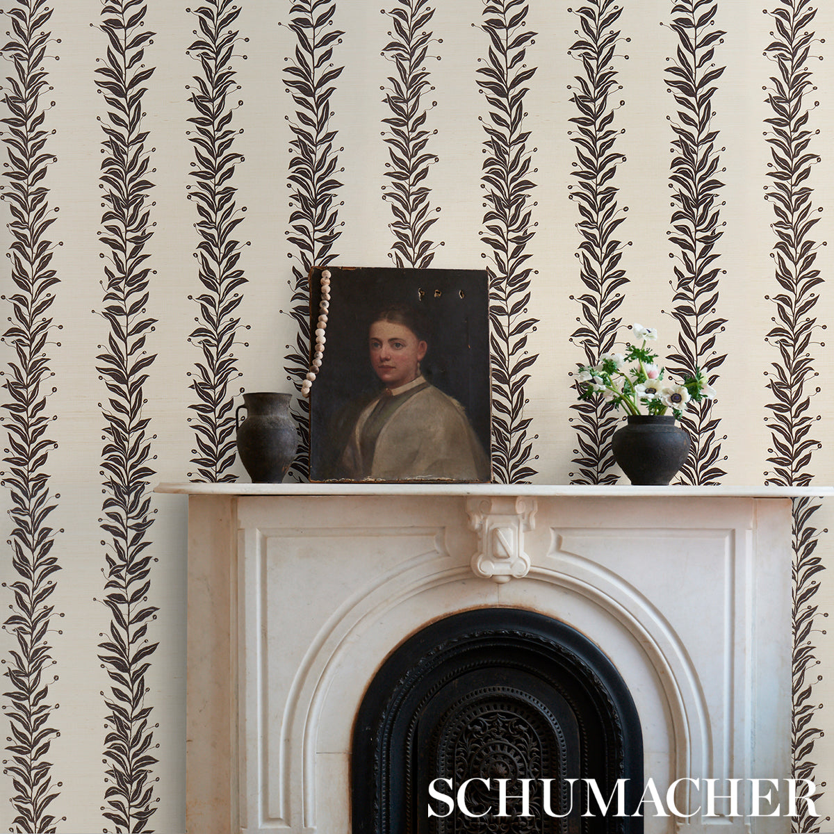 Purchase 5015562 | Tendril Stripe Sisal, Black & Cream - Schumacher Wallpaper