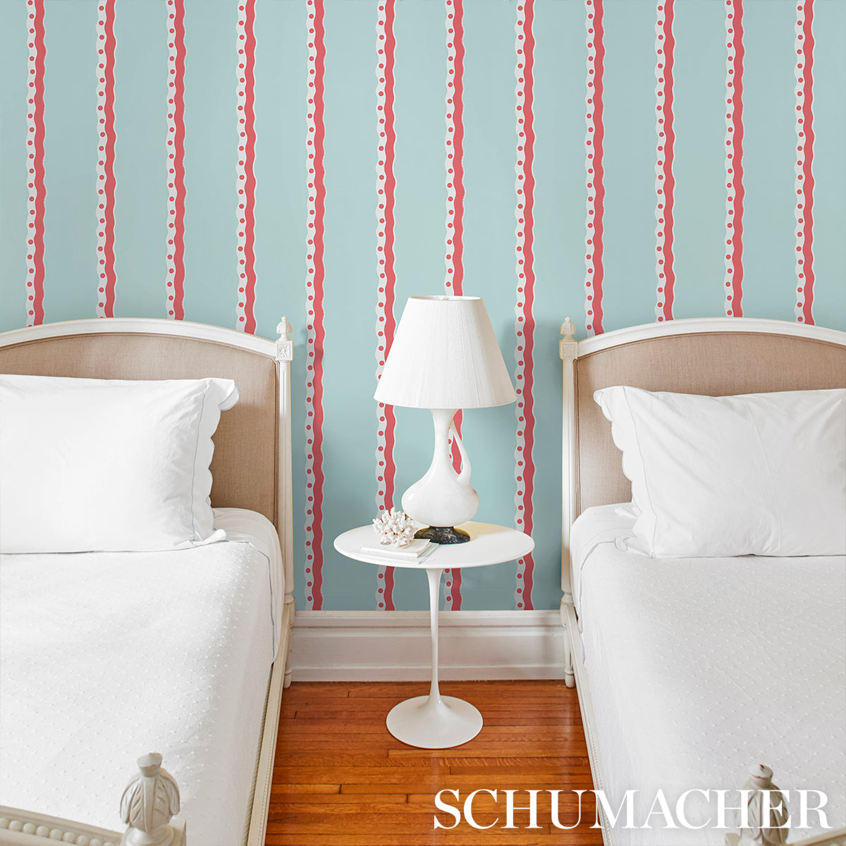 Purchase 5015740 | Rousseau Stripe, Rouge & Sky - Schumacher Wallpaper