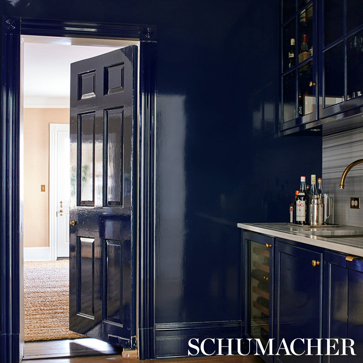 Purchase 5015941 | Ace Faux Lacquer Performance Vinyl, Navy - Schumacher Wallpaper