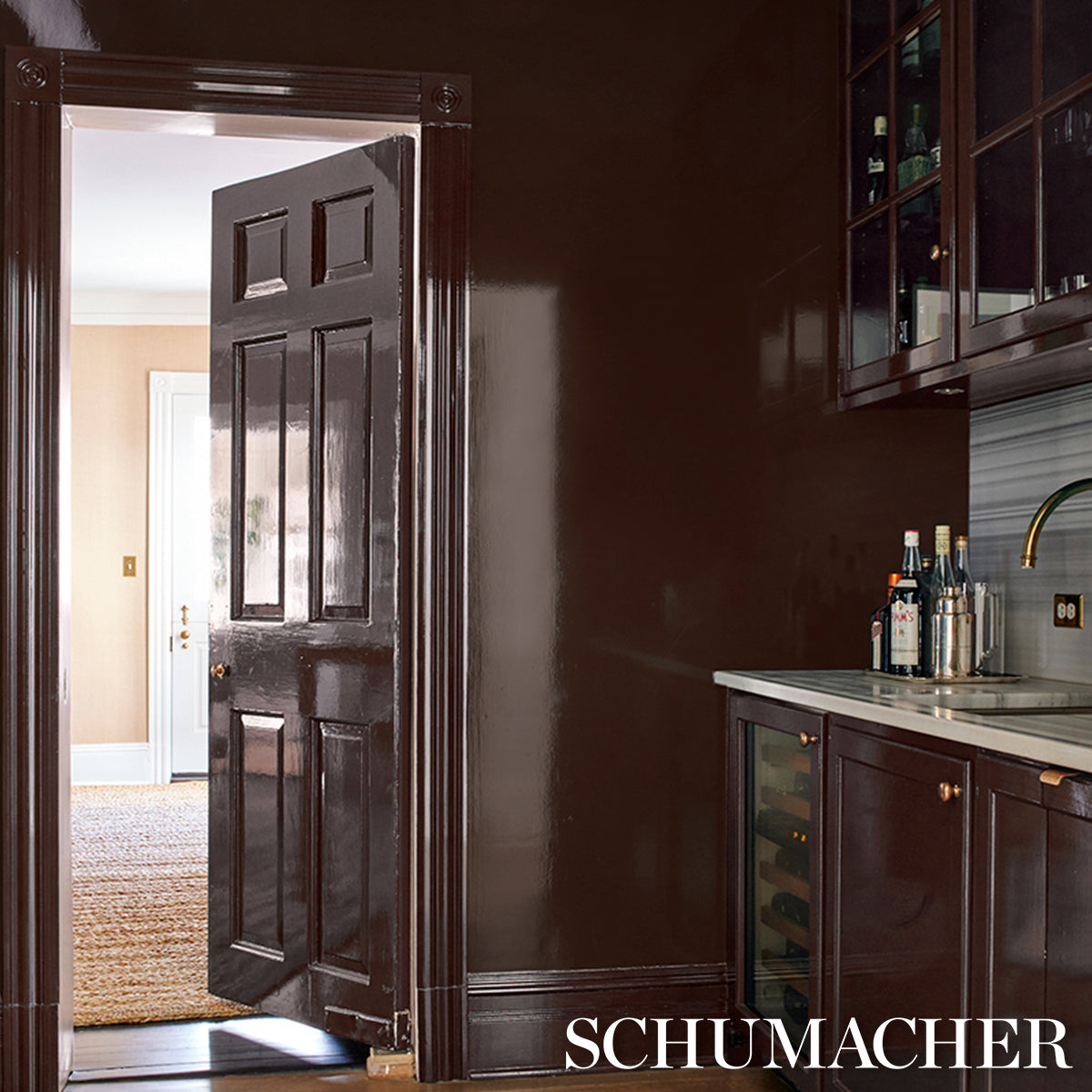 5015942 | Ace Faux Lacquer Performance Vinyl, Mocha - Schumacher Wallp