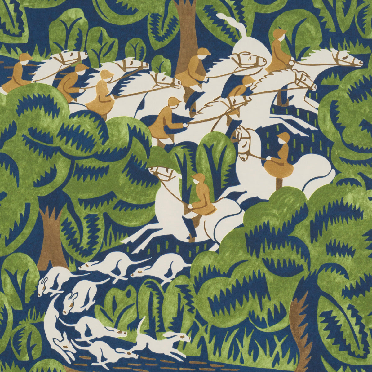 Purchase 5016151 | Margaret Schloeman'S Fox Chase, Navy & Green - Schumacher Wallpaper