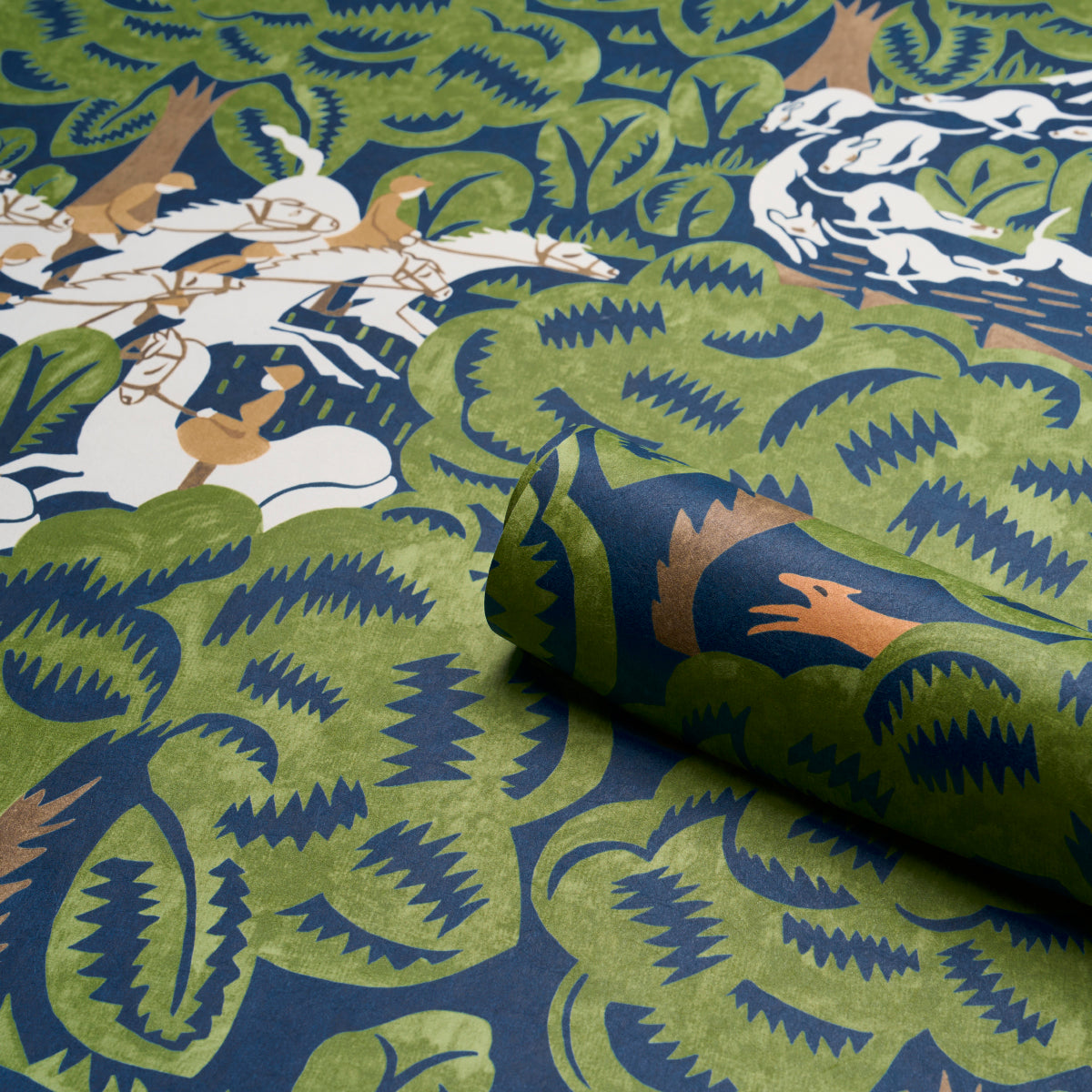 Purchase 5016151 | Margaret Schloeman'S Fox Chase, Navy & Green - Schumacher Wallpaper