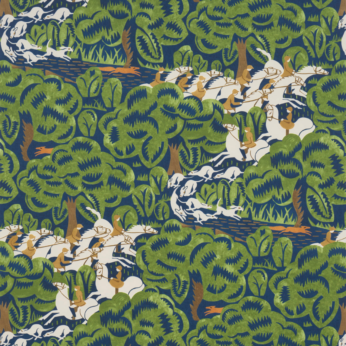 Purchase 5016151 | Margaret Schloeman'S Fox Chase, Navy & Green - Schumacher Wallpaper