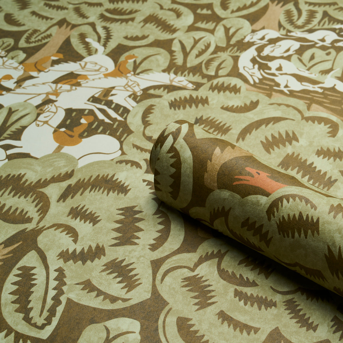 Purchase 5016152 | Margaret Schloeman'S Fox Chase, Sage & Soft Brown - Schumacher Wallpaper