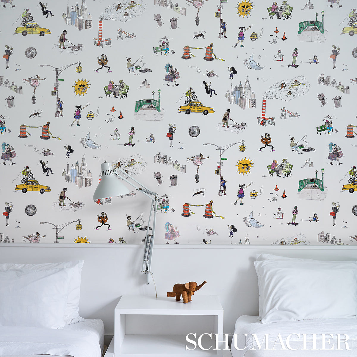 Purchase 5016170 | Joana Avillez'S Street Scenes, Multicolor On White - Schumacher Wallpaper