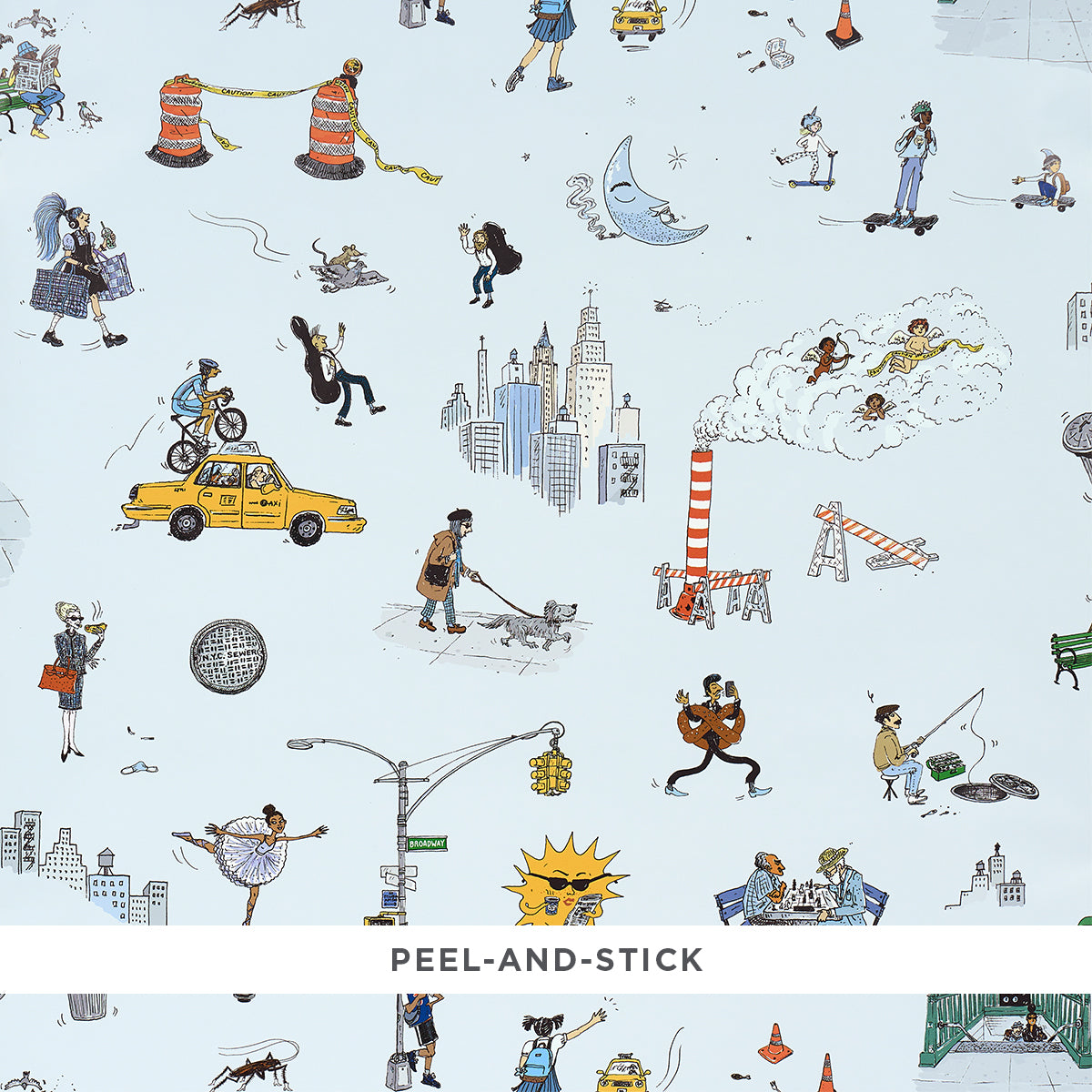 Purchase 5016172 | Joana Avillez'S Street Scenes, Multicolor On Sky Blue - Schumacher Wallpaper