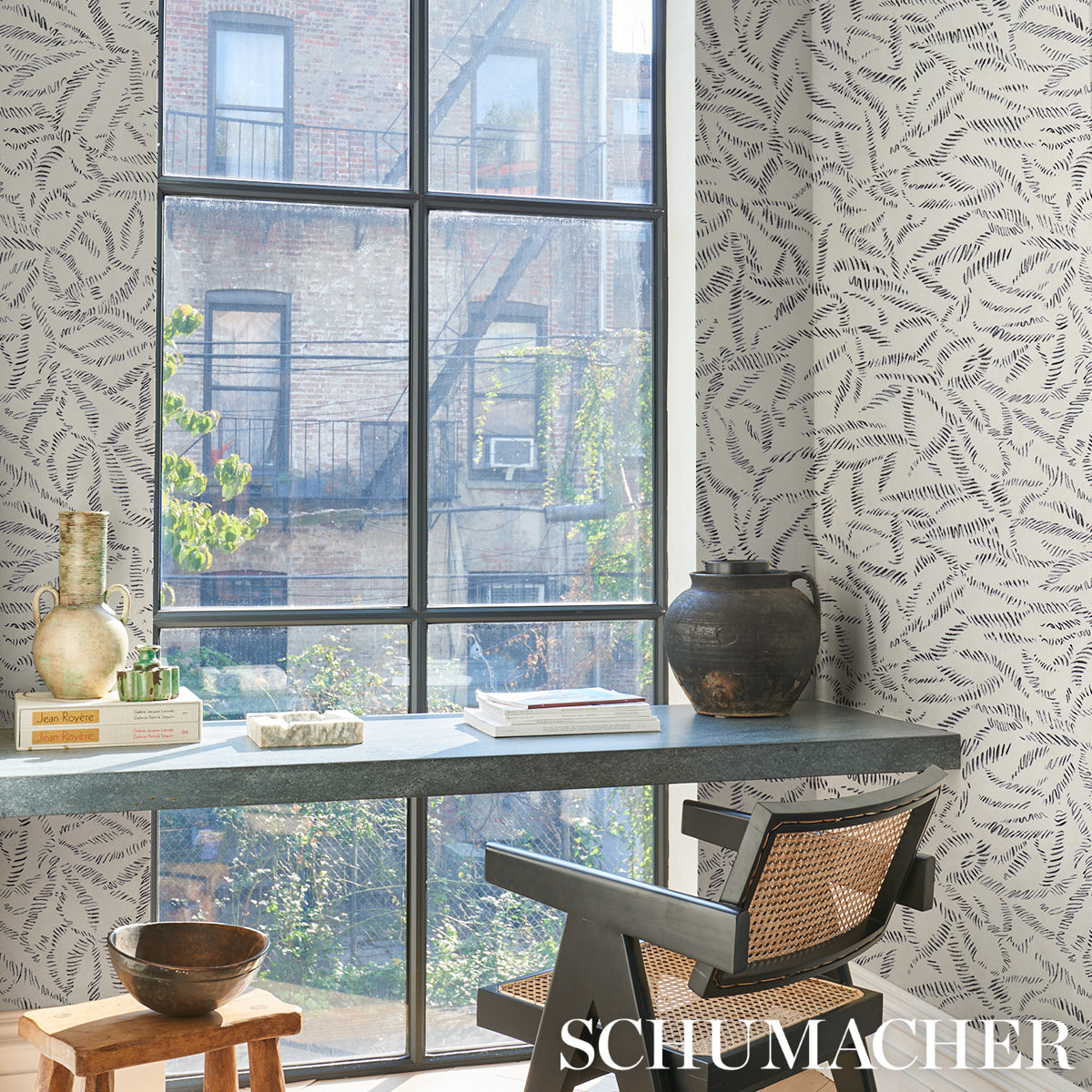 Purchase 5016390 | Leaf Bloom, Charcoal - Schumacher Wallpaper