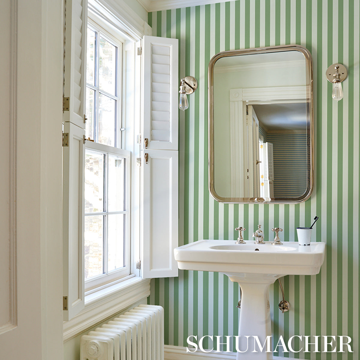 Purchase 5017216 | Emma Stripe, Apple Green - Schumacher Wallpaper