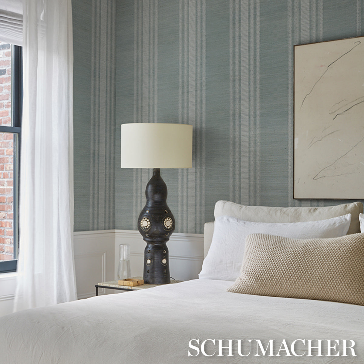 Purchase 5017452 | Cassia Silk Stripe Wallcovering, Sky - Schumacher Wallpaper