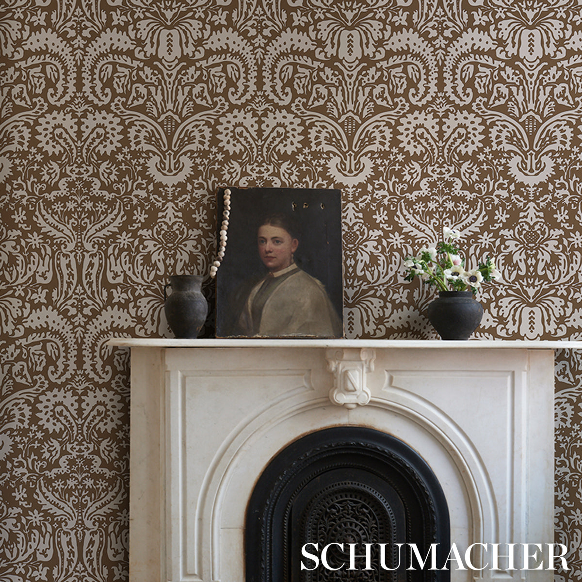 Purchase 5017720 | Suffolk Damask, Brown - Schumacher Wallpaper