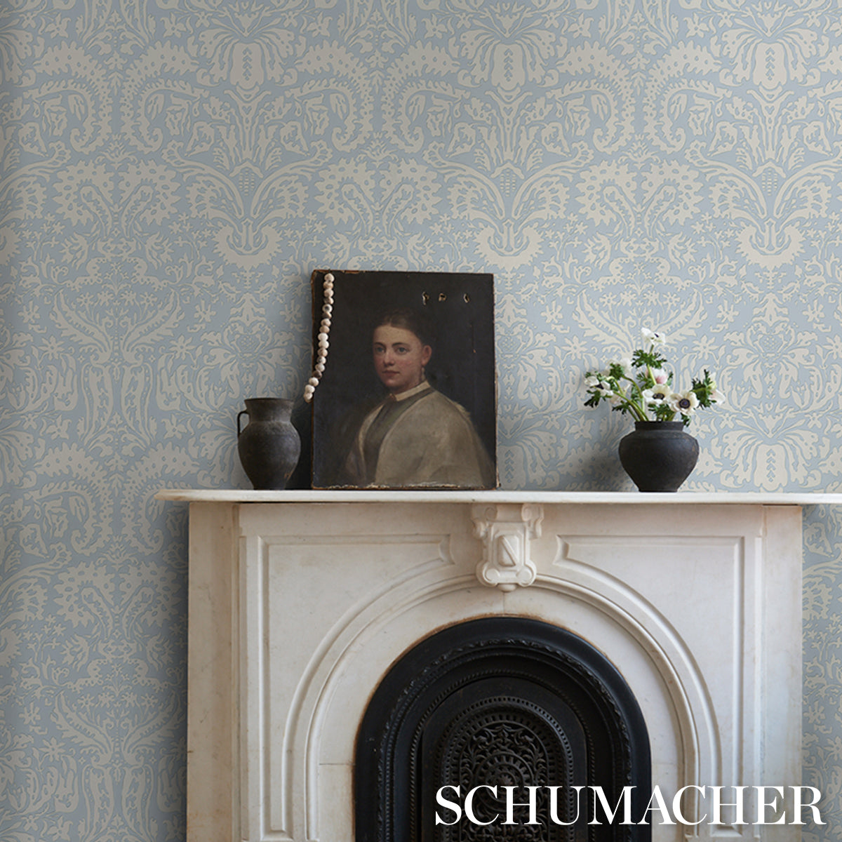Purchase 5017721 | Suffolk Damask, Blue - Schumacher Wallpaper