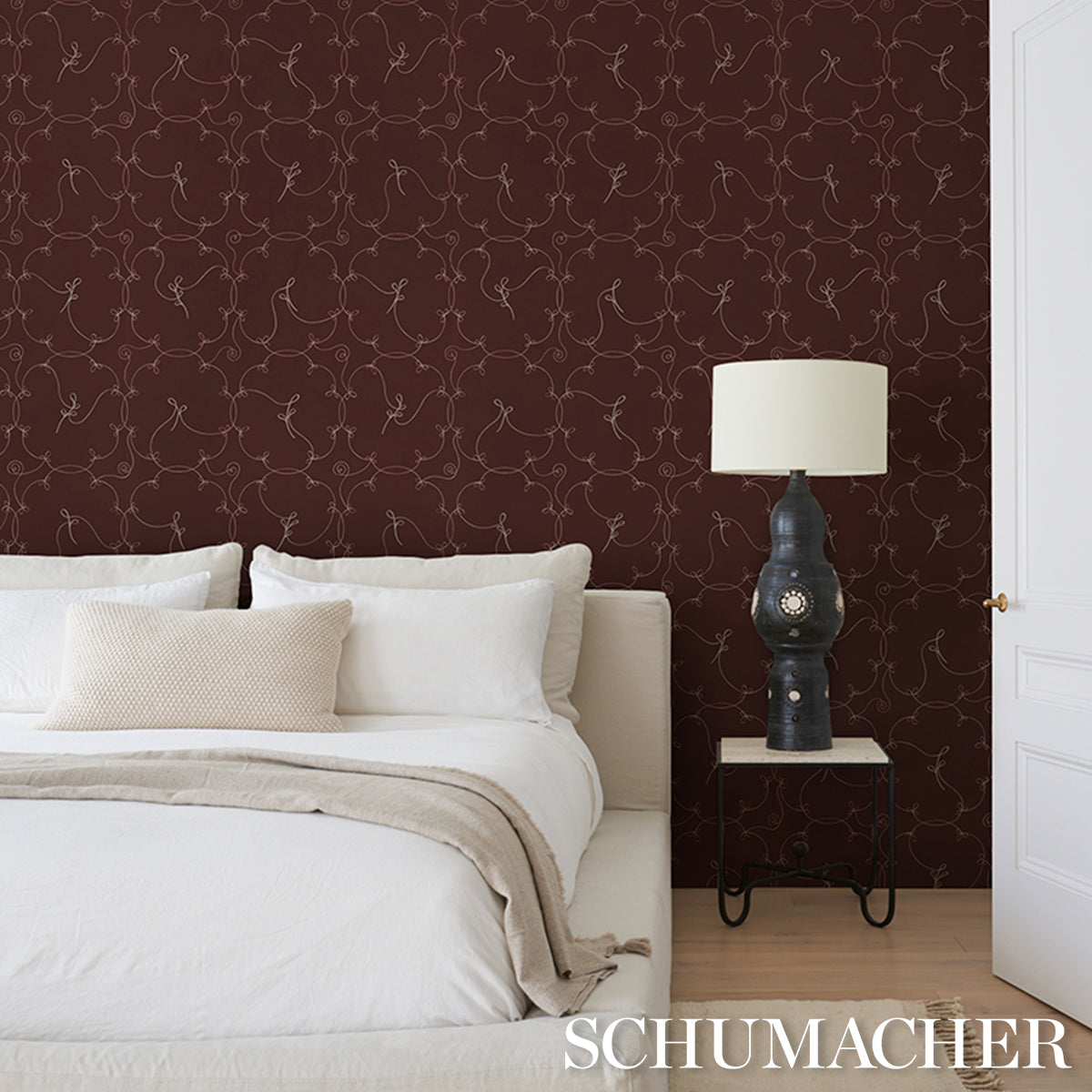 Purchase 5017850 | Broderie, Bordeaux - Schumacher Wallpaper