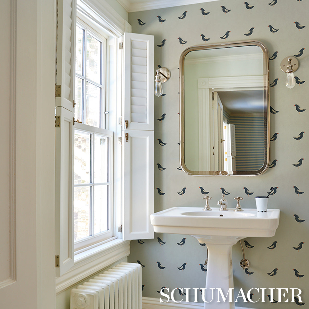 Purchase 5017890 | Birds Print, Black On Natural - Schumacher Wallpaper