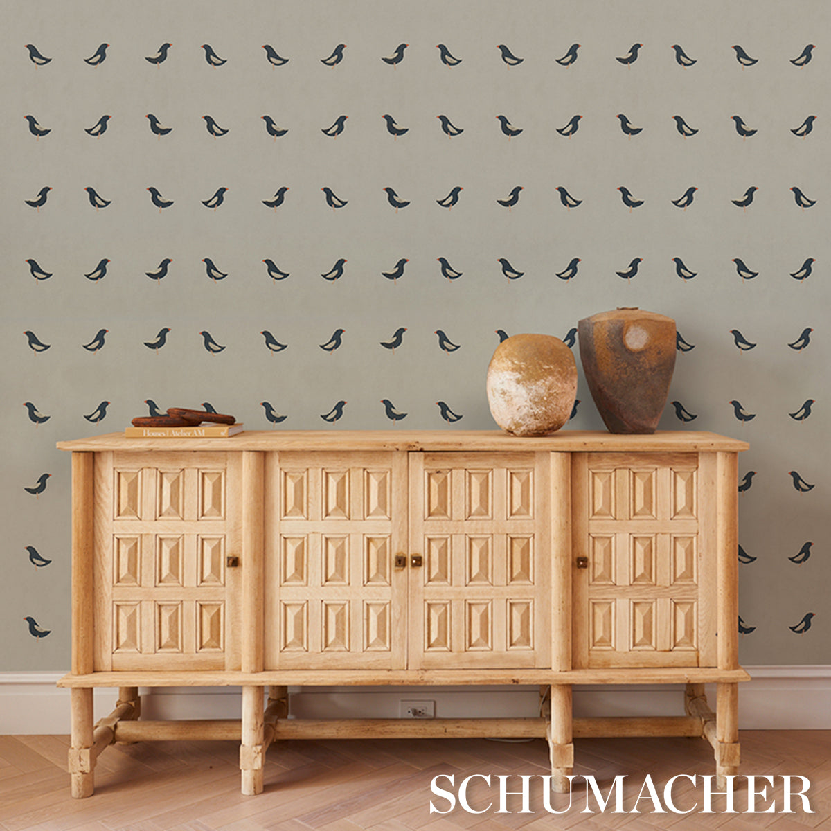 Purchase 5017890 | Birds Print, Black On Natural - Schumacher Wallpaper