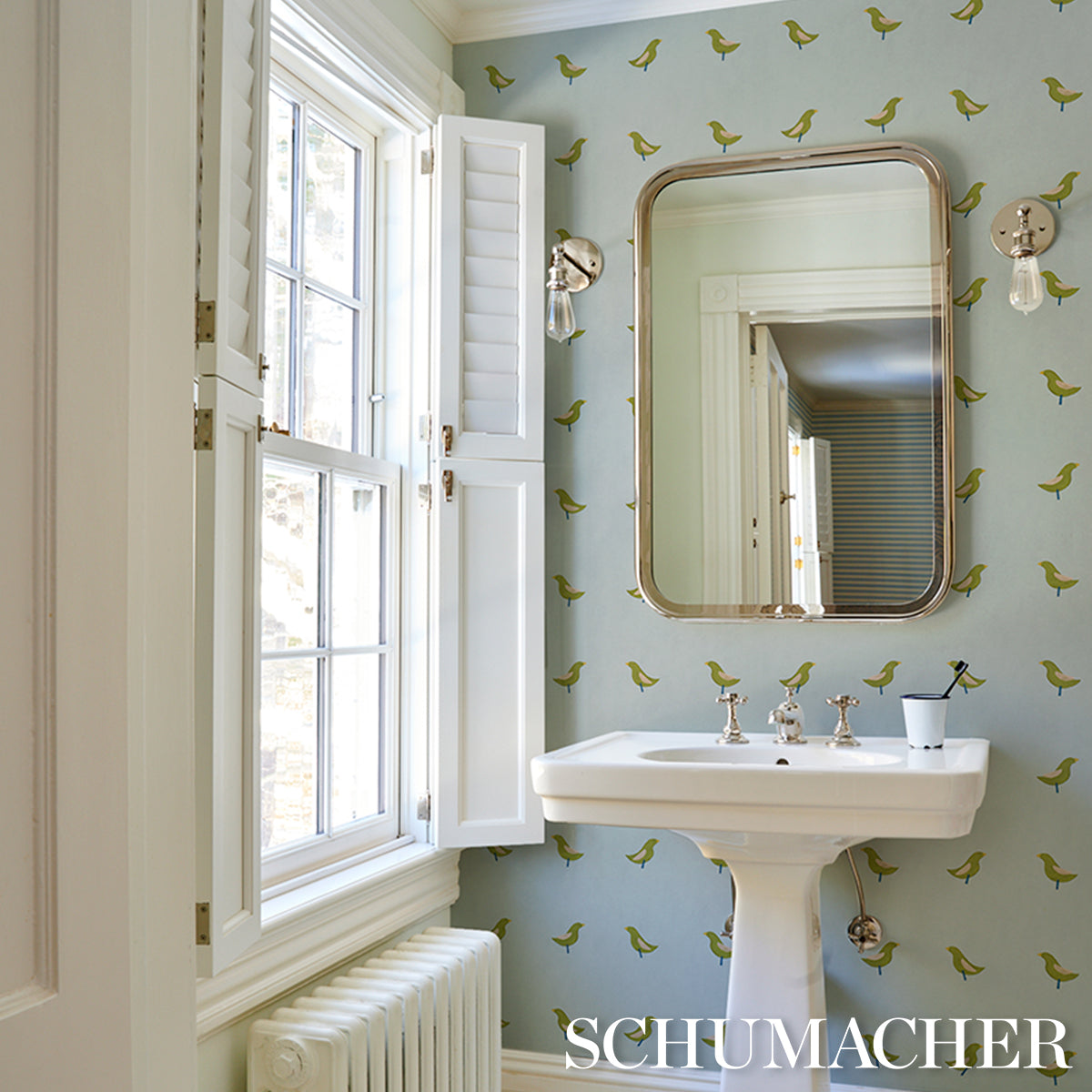 Purchase 5017891 | Birds Print, Green On Sky - Schumacher Wallpaper