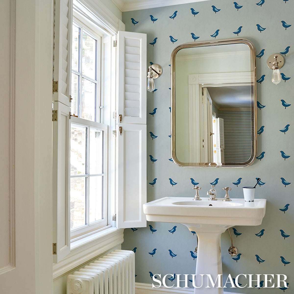 Purchase 5017892 | Birds Print, Navy On Sky - Schumacher Wallpaper