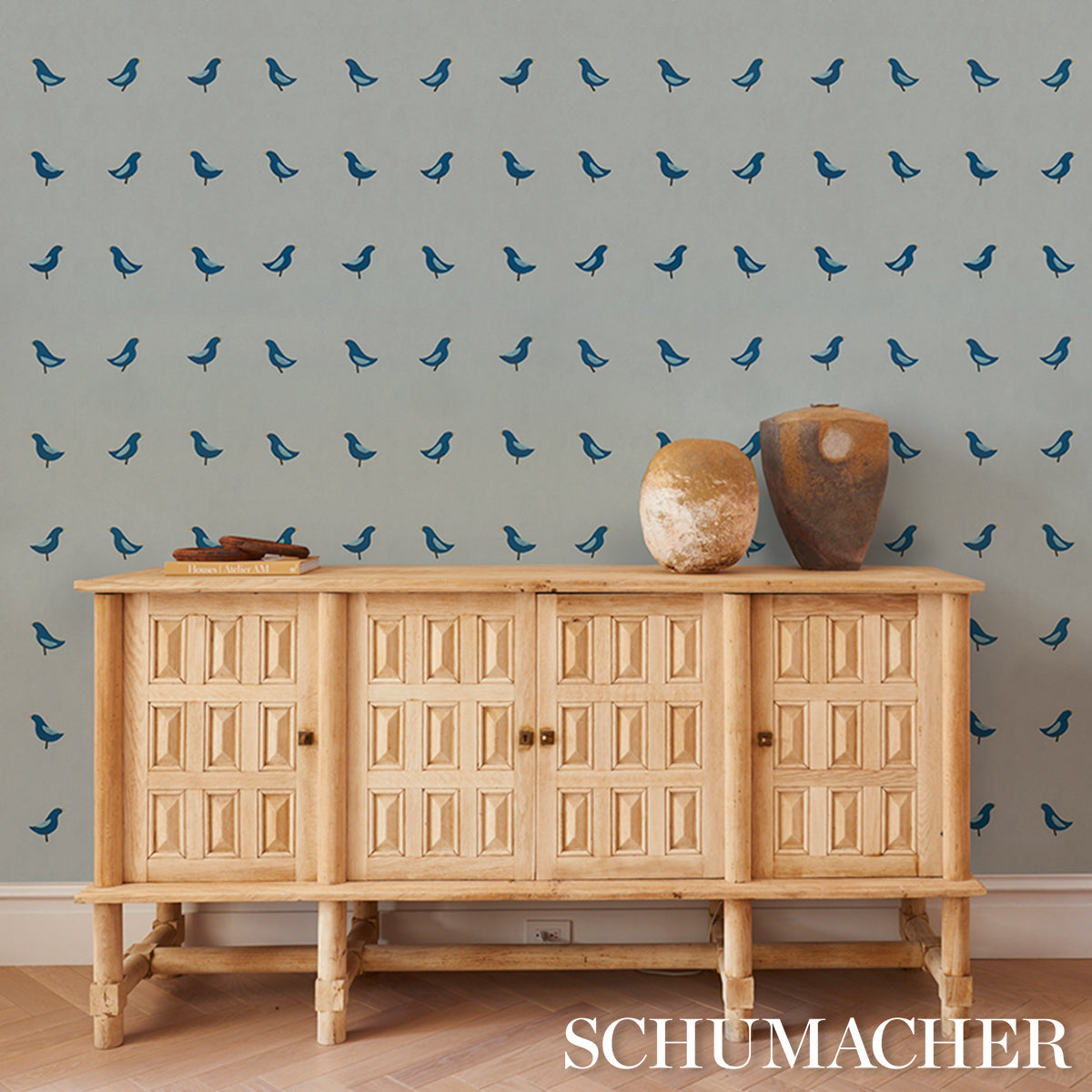 Purchase 5017892 | Birds Print, Navy On Sky - Schumacher Wallpaper