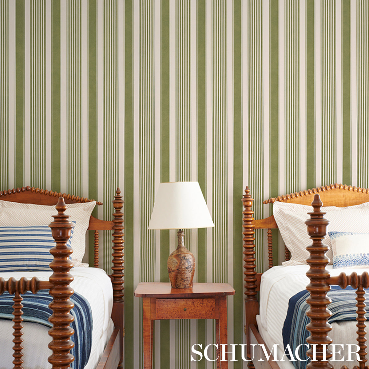 Purchase 5018147 | Summerville Stripe, Moss - Schumacher Wallpaper